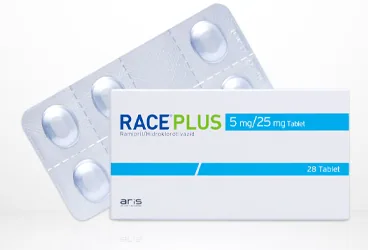 RACE PLUS 5 MG/25 MG 28 TABLET ürün ambalajı. Ramipril + hidroklortiazid içeren tablet. Üretici: ALİ RAİF İLAÇ SANAYİ A.Ş.