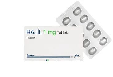 Rasajilin içeren tablet: RAJIL 1 MG 30 TABLET kutusu. Üretici: GENVEON İLAÇ SANAYİ VE TİCARET ANONİM ŞİRKETİ.
