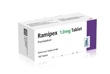 RAMIPEX 1 MG 100 TABLET ürün ambalajı, tablet formunda pramipeksol içerir. Üretici: DEVA HOLDİNG ANONİM ŞİRKETİ.