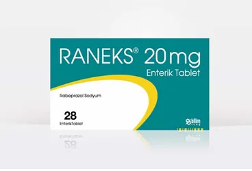 Rabeprazol içeren tablet: RANEKS 20 MG 28 ENTERİK KAPLI TABLET kutu fotoğrafı. Üretici: BİLİM İLAÇ SANAYİİ VE TİCARET A.Ş.