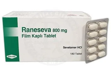 RANESEVA 800 MG FILM KAPLI TABLET (180 TABLET) (sevelamer hidroklorür) ürün ambalajı, film kaplı tablet. Üretici: HELBA İLAÇ İÇ VE DIŞ SANAYİ TİCARET ANONİM ŞİRKETİ.