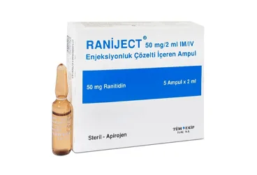 RANIJECT 50 MG/2 ML IM/IV 5 AMPUL kutusu. Ranitidin içeren ampul. Üretici: TÜM - EKİP İLAÇ A.Ş.
