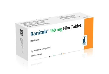 RANITAB 150 MG 60 FILM TABLET kutusu, film kaplı tablet formunda ranitidin içerir. Üretici: DEVA HOLDİNG ANONİM ŞİRKETİ.