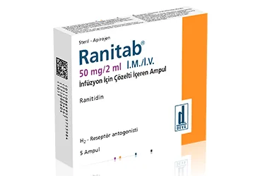 RANITAB 50 MG/2 ML IM/IV INFUZYON ICIN COZELTI ICEREN AMPUL (5 AMPUL) (ranitidin) kutu fotoğrafı, çözelti. Üretici: DEVA HOLDİNG ANONİM ŞİRKETİ.