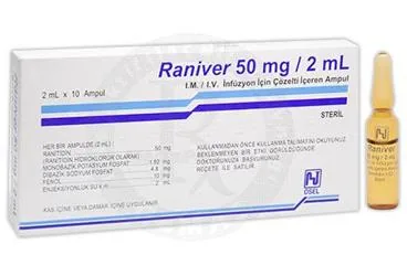 Ranitidin içeren ampul: RANIVER 50 MG/2 ML 10 AMPUL kutu fotoğrafı. Üretici: OSEL İLAÇ SANAYİ VE TİCARET ANONİM ŞİRKETİ.