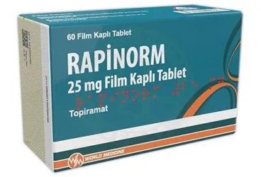 Topiramat içeren film kaplı tablet: RAPINORM 25 MG FILM TABLET (60 FILM TABLET) kutusu. Üretici: WORLD MEDICINE İLAÇ SAN. VE TİC. A.Ş.
