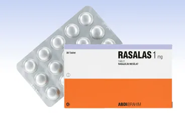 Rasajilin içeren film kaplı tablet: RASALAS 1 MG 30 FILM TABLET ürün ambalajı. Üretici: ABDİ İBRAHİM İLAÇ SANAYİ VE TİCARET A.Ş.