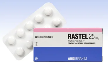 RASTEL 25 MG CENTIKLI FILM TABLET, 30 ADET kutusu. Deksketoprofen trometamol içeren film kaplı tablet. Üretici: EİP ECZACIBAŞI İLAÇ PAZARLAMA A.Ş.