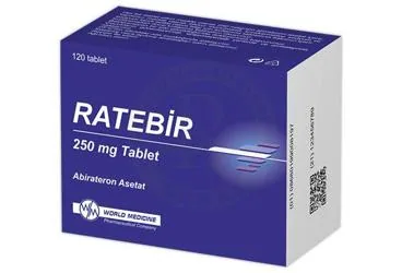 RATEBIR 250 MG TABLET ürün ambalajı, tablet formunda abirateron içerir. Üretici: WORLD MEDICINE İLAÇ SAN. VE TİC. A.Ş.