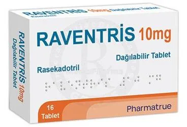 Rasekadotril içeren tablet: RAVENTRIS 10 MG DAGILABILIR TABLET (16 ADET) ürün ambalajı. Üretici: PHARMATRUE SAĞLIK MALZEMELERİ ANONİM ŞİRKETİ.
