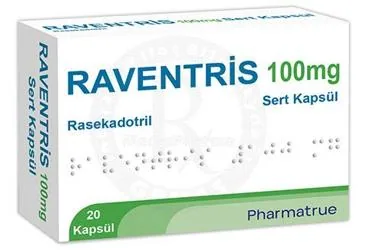 RAVENTRIS 100 MG SERT KAPSUL (20 ADET) ürün ambalajı, kapsül formunda rasekadotril içerir. Üretici: PHARMATRUE SAĞLIK MALZEMELERİ ANONİM ŞİRKETİ.