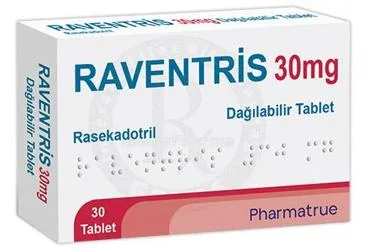 RAVENTRIS 30 MG DAGILABILIR TABLET (30 ADET) kutusu. Rasekadotril içeren tablet. Üretici: PHARMATRUE SAĞLIK MALZEMELERİ ANONİM ŞİRKETİ.