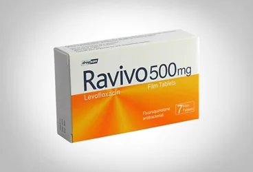 RAVIVO 500 MG 7 FILM KAPLI TABLET ürün ambalajı, film kaplı tablet formunda levofloksasin içerir. Üretici: DROGSAN İLAÇLARI SAN. VE TİC. A.Ş.