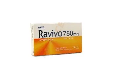 Levofloksasin içeren film kaplı tablet: RAVIVO 750 MG FILM KAPLI TABLET (7 TABLET) ambalajı. Üretici: DROGSAN İLAÇLARI SAN. VE TİC. A.Ş.