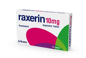 RAXERIN 10 MG DAGILABILIR 16 TABLET ambalajı, tablet formunda rasekadotril içerir. Üretici: İLKO İLAÇ SAN. VE TİC. A.Ş.