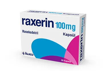 Rasekadotril içeren kapsül: RAXERIN 100 MG 20 KAPSUL kutu fotoğrafı. Üretici: İLKO İLAÇ SAN. VE TİC. A.Ş.