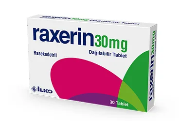 RAXERIN 30 MG DAGILABILIR 30 TABLET kutu fotoğrafı, tablet formunda rasekadotril içerir. Üretici: İLKO İLAÇ SAN. VE TİC. A.Ş.