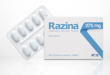 RAZINA 375 MG UZATILMIS SALIMLI TABLET (60 TABLET) (ranolazin) kutu fotoğrafı, tablet. Üretici: ALİ RAİF İLAÇ SANAYİ A.Ş.