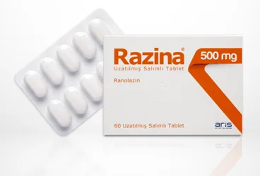 Ranolazin içeren tablet: RAZINA 500 MG UZATILMIS SALIMLI TABLET (60 TABLET) kutu fotoğrafı. Üretici: ALİ RAİF İLAÇ SANAYİ A.Ş.