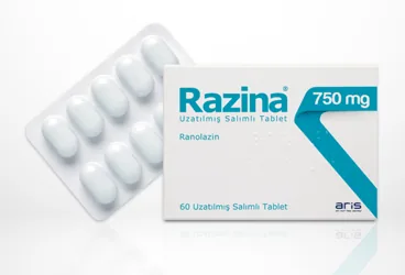 Ranolazin içeren tablet: RAZINA 750 MG UZATILMIS SALIMLI TABLET (60 TABLET) ambalajı. Üretici: ALİ RAİF İLAÇ SANAYİ A.Ş.