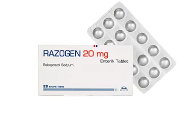 RAZOGEN 20 MG 28 ENTERIK KAPLI TABLET (rabeprazol) kutu fotoğrafı, tablet. Üretici: GENVEON İLAÇ SANAYİ VE TİCARET ANONİM ŞİRKETİ.