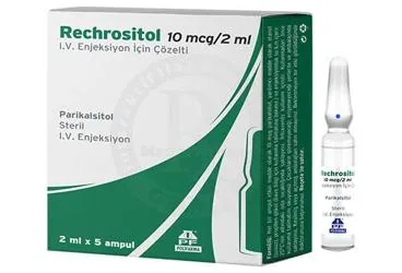 RECHROSITOL 10 MCG /2 ML IV ENJEKSIYONLUK COZELTI (5 AMPUL) ambalajı. Parikalsitol içeren çözelti. Üretici: POLİFARMA İLAÇ SAN. VE TİC. A.Ş.