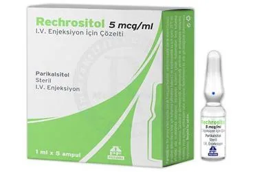 Parikalsitol içeren çözelti: RECHROSITOL 5 MCG/ML IV ENJEKSIYONLUK COZELTI (5 AMPUL) ürün ambalajı. Üretici: POLİFARMA İLAÇ SAN. VE TİC. A.Ş.