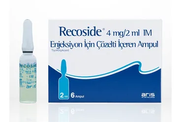 Tiyokolşikosid içeren çözelti: RECOSIDE 4 MG/2 ML IM ENJ. ICIN COZELTI ICEREN 6 AMPUL kutusu. Üretici: ALİ RAİF İLAÇ SANAYİ A.Ş.