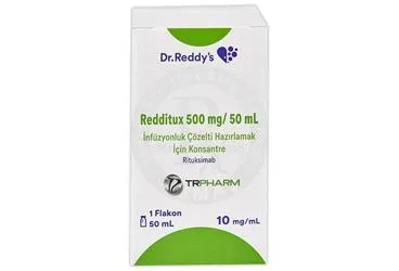 Rituksimab içeren çözelti: REDDITUX 500 MG/50 ML INFUZYON COZELTESI HAZIRLAMAK ICIN KONSANTRE COZELTI ürün ambalajı. Üretici: INPHARMUS İLAÇ SANAYİ TİCARET ANONİM ŞİRKETİ.
