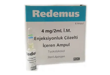 REDEMUS 4 MG/2 ML IM 6 AMPUL (tiyokolşikosid) ürün ambalajı, ampul. Üretici: RDC İLAÇ ARAŞTIRMA VE GELİŞTİRME SANAYİ ANONİM ŞİRKETİ.