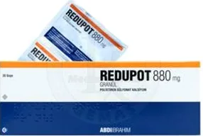REDUPOT 880 MG GRANÜL , 60 ADET ürün ambalajı. Etkin maddesi polistiren sülfonat kalsiyum. Üretici: ABDİ İBRAHİM İLAÇ SAN. VE TİC. A.Ş.