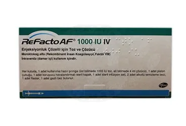 Anti hemofilik faktör 8 içeren çözelti: REFACTO AF 1000 IU IV ENJEKSIYONLUK COZELTI ICIN TOZ VE COZUCU 1 FLAKON ürün ambalajı. Üretici: PFİZER PFE İLAÇLARI ANONİM ŞİRKETİ.