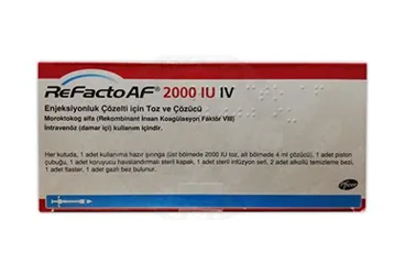 REFACTO AF 2000 IU IV ENJEKSIYONLUK COZELTI ICIN TOZ VE COZUCU 1 FLAKON (anti hemofilik faktör 8) ürün ambalajı, çözelti. Üretici: PFİZER PFE İLAÇLARI ANONİM ŞİRKETİ.