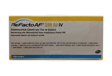 REFACTO AF 250 IU IV ENJEKSIYONLUK COZELTI ICIN TOZ VE COZUCU 1 FLAKON kutu fotoğrafı. Anti hemofilik faktör 8 içeren çözelti. Üretici: PFİZER PFE İLAÇLARI ANONİM ŞİRKETİ.
