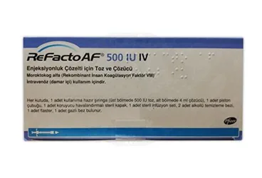 Anti hemofilik faktör 8 içeren çözelti: REFACTO AF 500 IU IV ENJEKSIYONLUK COZELTI ICIN TOZ VE COZUCU 1 FLAKON kutu fotoğrafı. Üretici: PFİZER PFE İLAÇLARI ANONİM ŞİRKETİ.