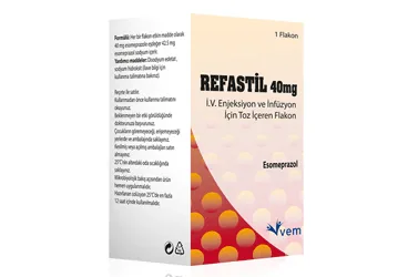 REFASTIL 40 MG IV ENJEKSIYON VE INFUZYON ICIN TOZ ICEREN 1 FLAKON kutu fotoğrafı, flakon formunda esomeprazol içerir. Üretici: VEM İLAÇ SAN. VE TİC. ANONİM ŞİRKETİ.