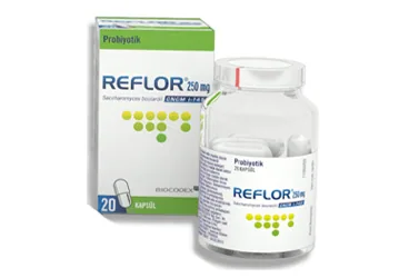 REFLOR 250 MG 20 KAPSUL kutusu. Saccharomyces boulardi içeren kapsül. Üretici: BİOCODEX İLAÇ SANAYİ İTHALAT İHRACAT VE TİCARET LİMİTED ŞİRKETİ.