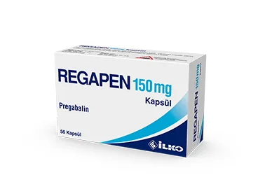 Pregabalin içeren kapsül: REGAPEN 150 MG 56 KAPSUL ambalajı. Üretici: İLKO İLAÇ SAN. VE TİC. A.Ş.