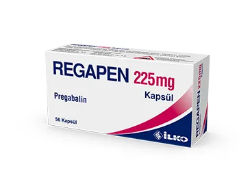 Pregabalin içeren kapsül: REGAPEN 225 MG 56 KAPSUL kutusu. Üretici: İLKO İLAÇ SAN. VE TİC. A.Ş.
