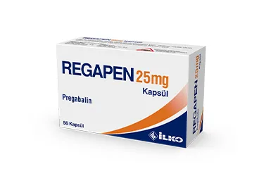 REGAPEN 25 MG 56 KAPSUL ürün ambalajı, kapsül formunda pregabalin içerir. Üretici: İLKO İLAÇ SAN. VE TİC. A.Ş.