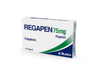 Pregabalin içeren kapsül: REGAPEN 75 MG 14 KAPSUL ambalajı. Üretici: İLKO İLAÇ SAN. VE TİC. A.Ş.