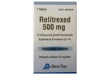 RELITREXED 500 MG IV INFUZYONLUK COZELTI HAZIRLAMADA KULLANILACAK KONSANTRE ICIN TOZ (1 FLAKON) kutusu. Pemetrekset disodyum içeren çözelti. Üretici: DEM İLAÇ SAN. VE TİC. A.Ş.