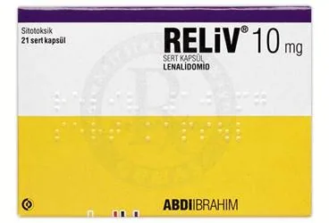 Lenalidomid içeren kapsül: RELIV 10 MG SERT KAPSUL (21 ADET) kutusu. Üretici: ABDİ İBRAHİM İLAÇ SANAYİ VE TİCARET A.Ş.