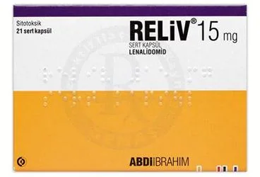 RELIV 15 MG SERT KAPSUL (21 ADET) ambalajı. Lenalidomid içeren kapsül. Üretici: ABDİ İBRAHİM İLAÇ SANAYİ VE TİCARET A.Ş.