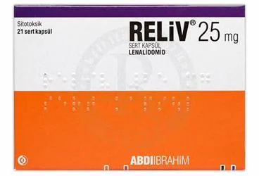 RELIV 25 MG SERT KAPSUL (21 ADET) kutu fotoğrafı. Lenalidomid içeren kapsül. Üretici: ABDİ İBRAHİM İLAÇ SANAYİ VE TİCARET A.Ş.