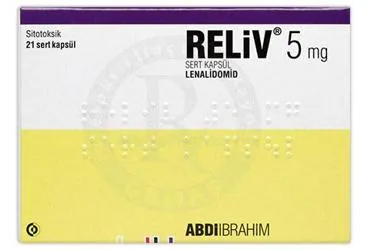 RELIV 5 MG SERT KAPSUL (21 ADET) kutu fotoğrafı. Lenalidomid içeren kapsül. Üretici: ABDİ İBRAHİM İLAÇ SANAYİ VE TİCARET A.Ş.