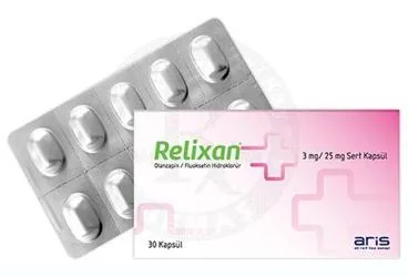 Olanzapin + fluoksetin içeren kapsül: RELIXAN 3 MG/25 MG SERT KAPSUL ürün ambalajı. Üretici: ALİ RAİF İLAÇ SANAYİ A.Ş.