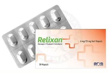 Olanzapin + fluoksetin içeren kapsül: RELIXAN 6 MG/25 MG SERT KAPSUL ürün ambalajı. Üretici: ALİ RAİF İLAÇ SANAYİ A.Ş.