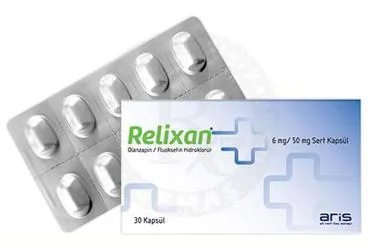 RELIXAN 6 MG/50 MG SERT KAPSUL kutu fotoğrafı, kapsül formunda olanzapin + fluoksetin içerir. Üretici: ALİ RAİF İLAÇ SANAYİ A.Ş.