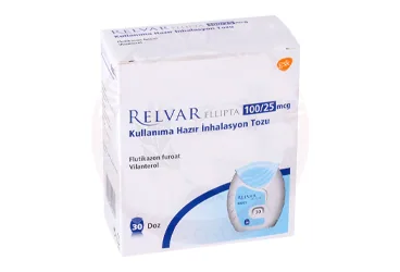 RELVAR ELLIPTA 100/25 MCG KULLANIMA HAZIR INHALASYON TOZU 30 DOZ (vilanterol ve flutikazon) ambalajı, inhalasyon aerosolü. Üretici: GLAXOSMİTHKLİNE İLAÇLARI SAN. VE TİC. A.Ş.
